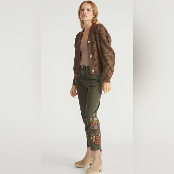 Driftwood Royce Olive Raised Floral Embroidered Straight Leg Jeans Size 28 - Picture 1 of 12
